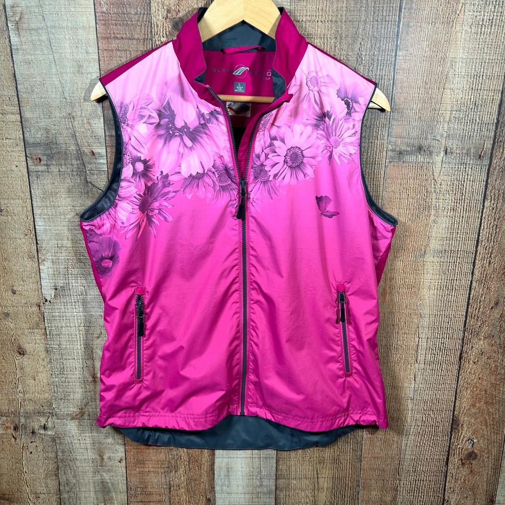 Glen Echo Golf Ladies Fuchsia Floral Butterfly Stretch Tech Full Zip Vest Large